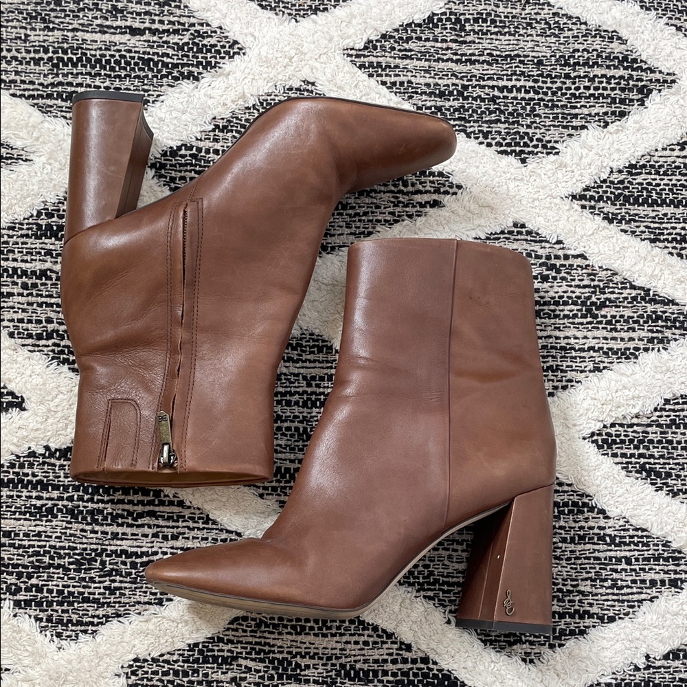Sam Edelman Brown Leather Pointed-Toe Heeled Ankle Boots